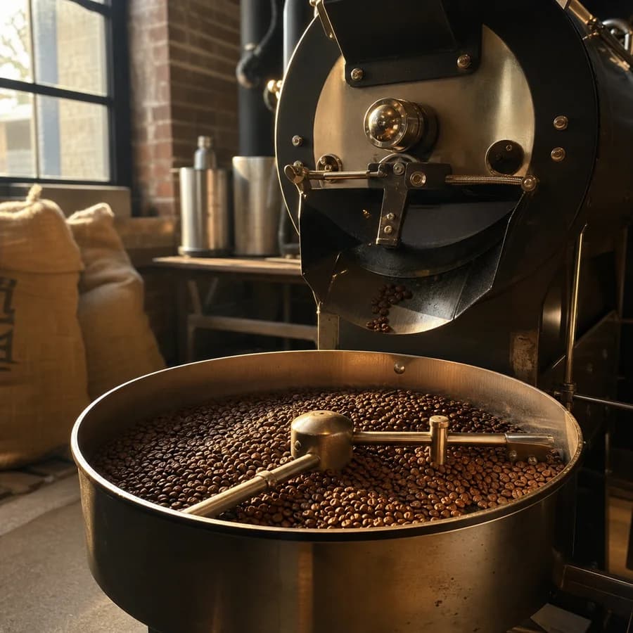 Freshly roasted coffee beans cooling beneath a small-batch roaster