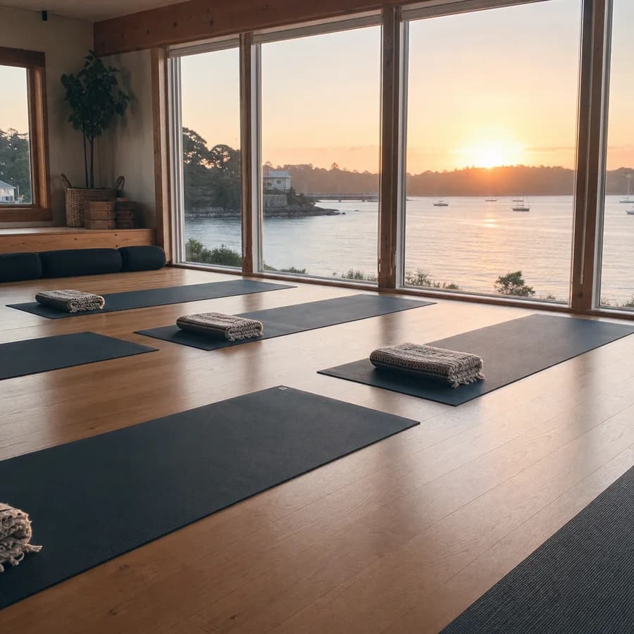 Yoga mats prepared in a harbour studio at sunrise