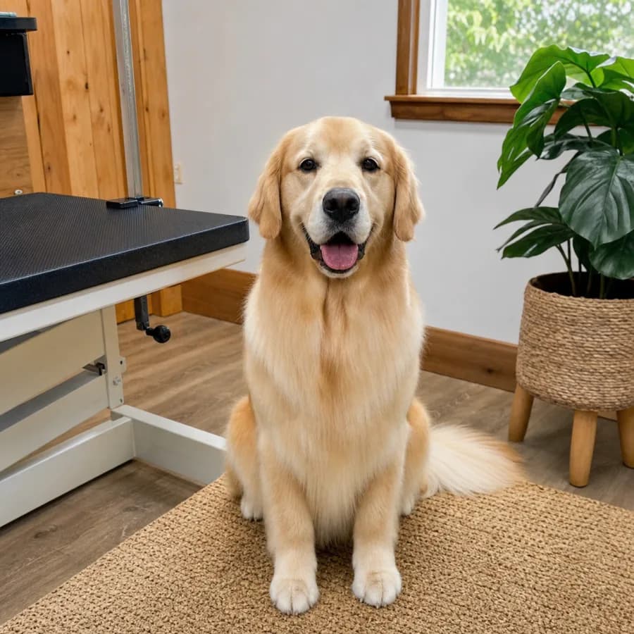 A freshly groomed golden retriever sitting in a bright grooming studio