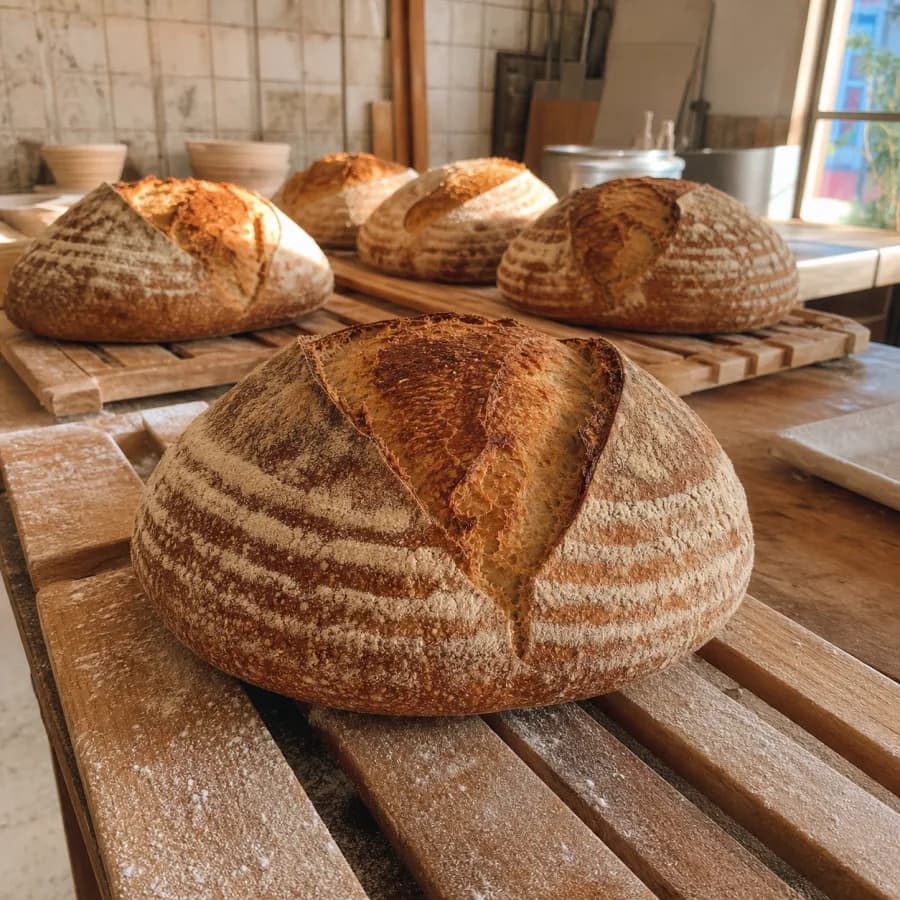 Fresh sourdough loaves cooling on wooden racks in a sunlit bakery