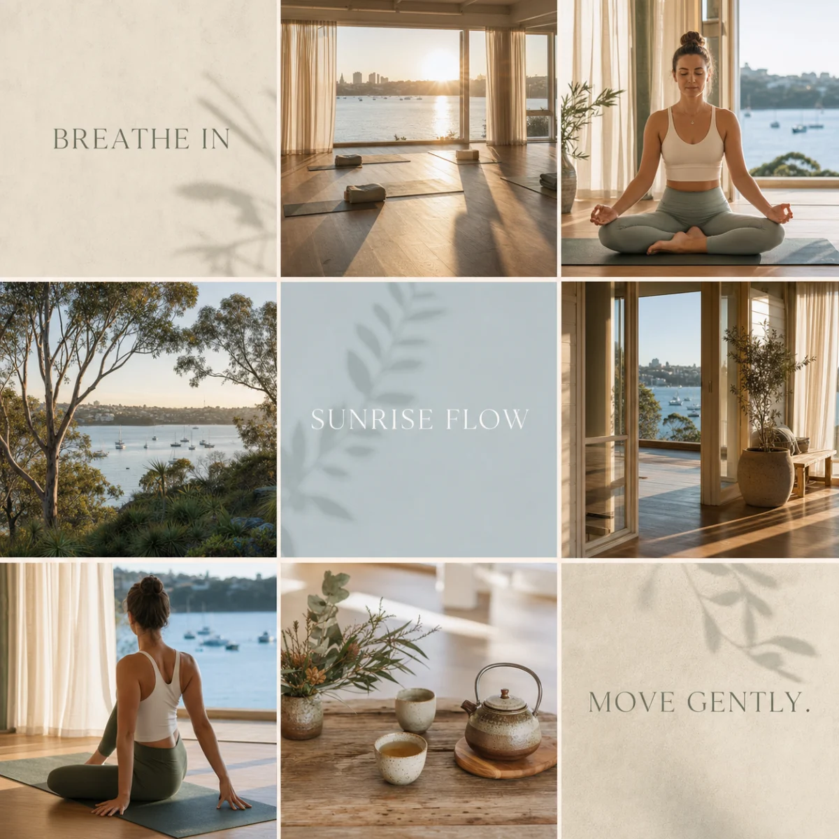 Curated nine-post coastal yoga feed mixing sunrise studio photography with calm editorial cards